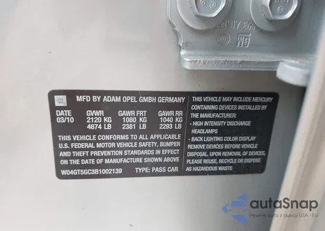 2011 Buick Regal Cxl Russelsheim from USA, damaged, VIN W04GT5GC3B1002139